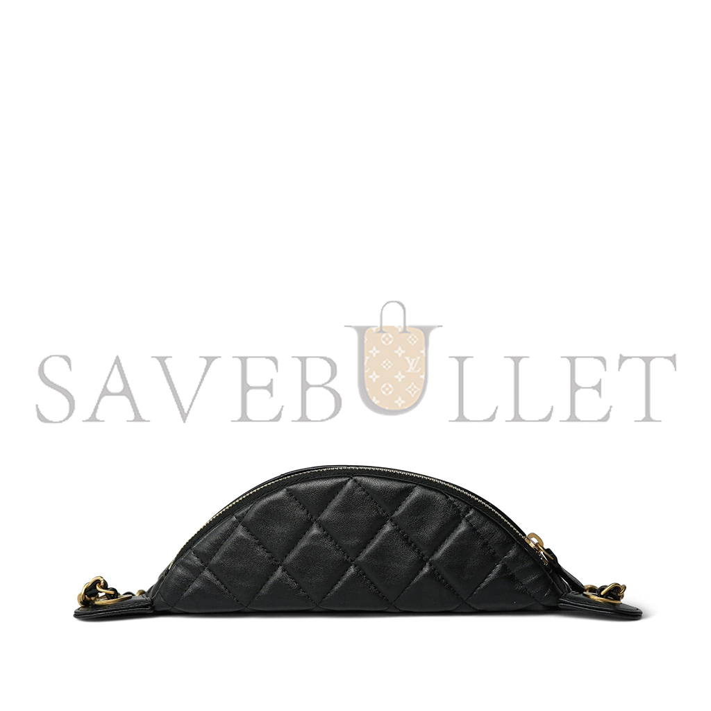 CHANEL 24A BLACK LAMBSKIN QUILTED WAIST BAG BUMBAG ENAMEL CC CHAIN AGED GOLD HARDWARE AS4113 (27*13cm)